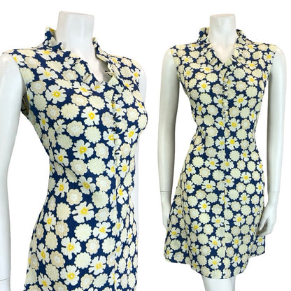 VTG 60S 70S NAVY BLUE WHITE YELLOW RUFFLE V NECK FLORAL MOD SHIFT DRESS 10