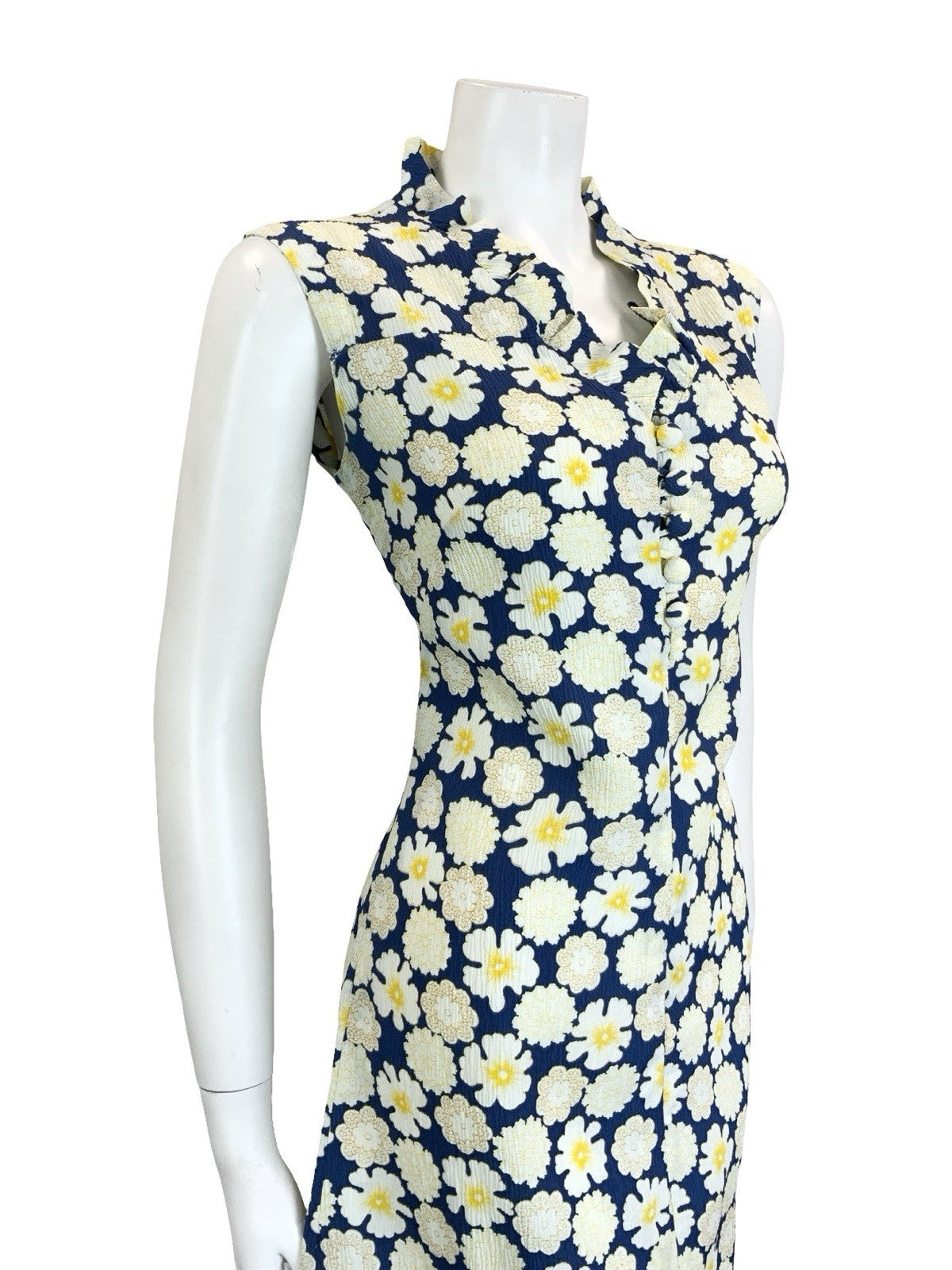 VTG 60S 70S NAVY BLUE WHITE YELLOW RUFFLE V NECK FLORAL MOD SHIFT DRESS 10