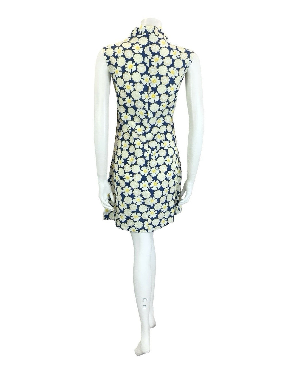 VTG 60S 70S NAVY BLUE WHITE YELLOW RUFFLE V NECK FLORAL MOD SHIFT DRESS 10