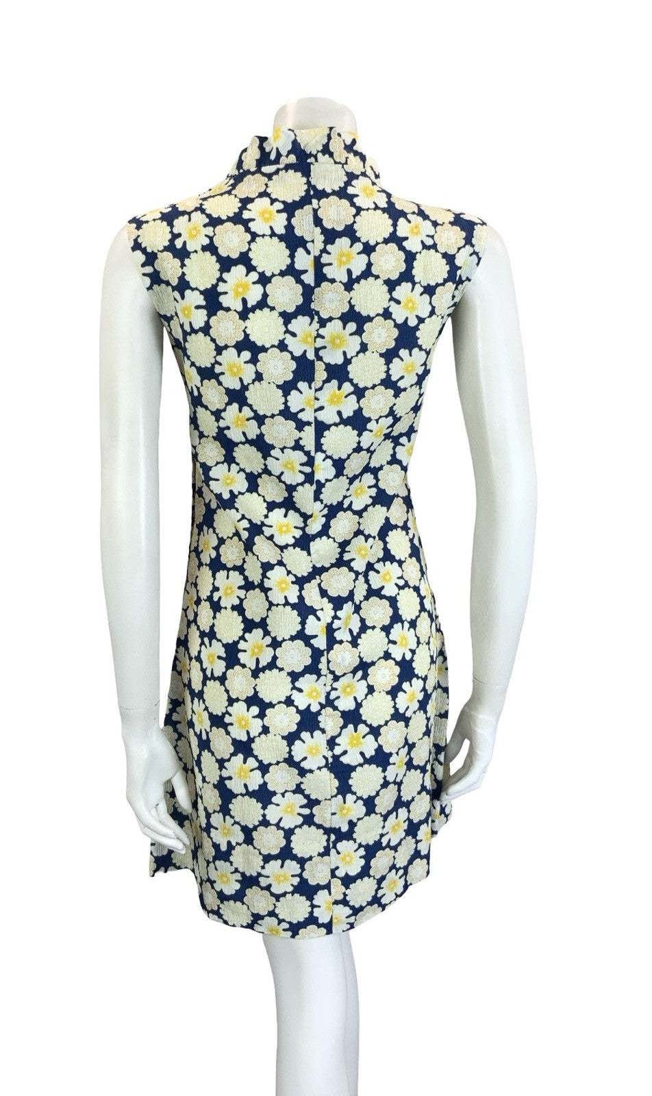 VTG 60S 70S NAVY BLUE WHITE YELLOW RUFFLE V NECK FLORAL MOD SHIFT DRESS 10