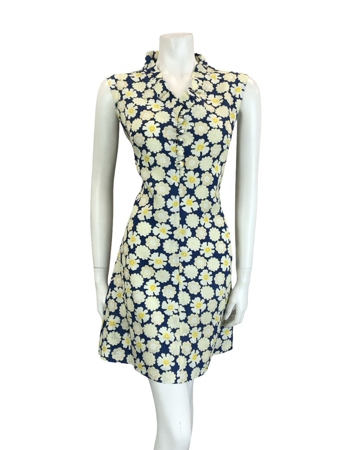 VTG 60S 70S NAVY BLUE WHITE YELLOW RUFFLE V NECK FLORAL MOD SHIFT DRESS 10