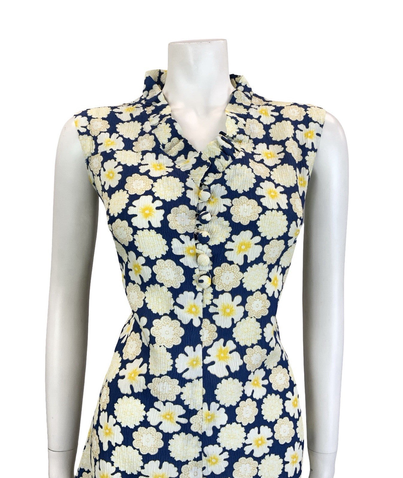 VTG 60S 70S NAVY BLUE WHITE YELLOW RUFFLE V NECK FLORAL MOD SHIFT DRESS 10
