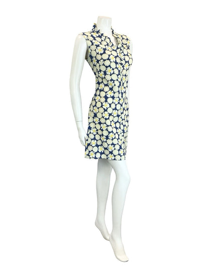 VTG 60S 70S NAVY BLUE WHITE YELLOW RUFFLE V NECK FLORAL MOD SHIFT DRESS 10