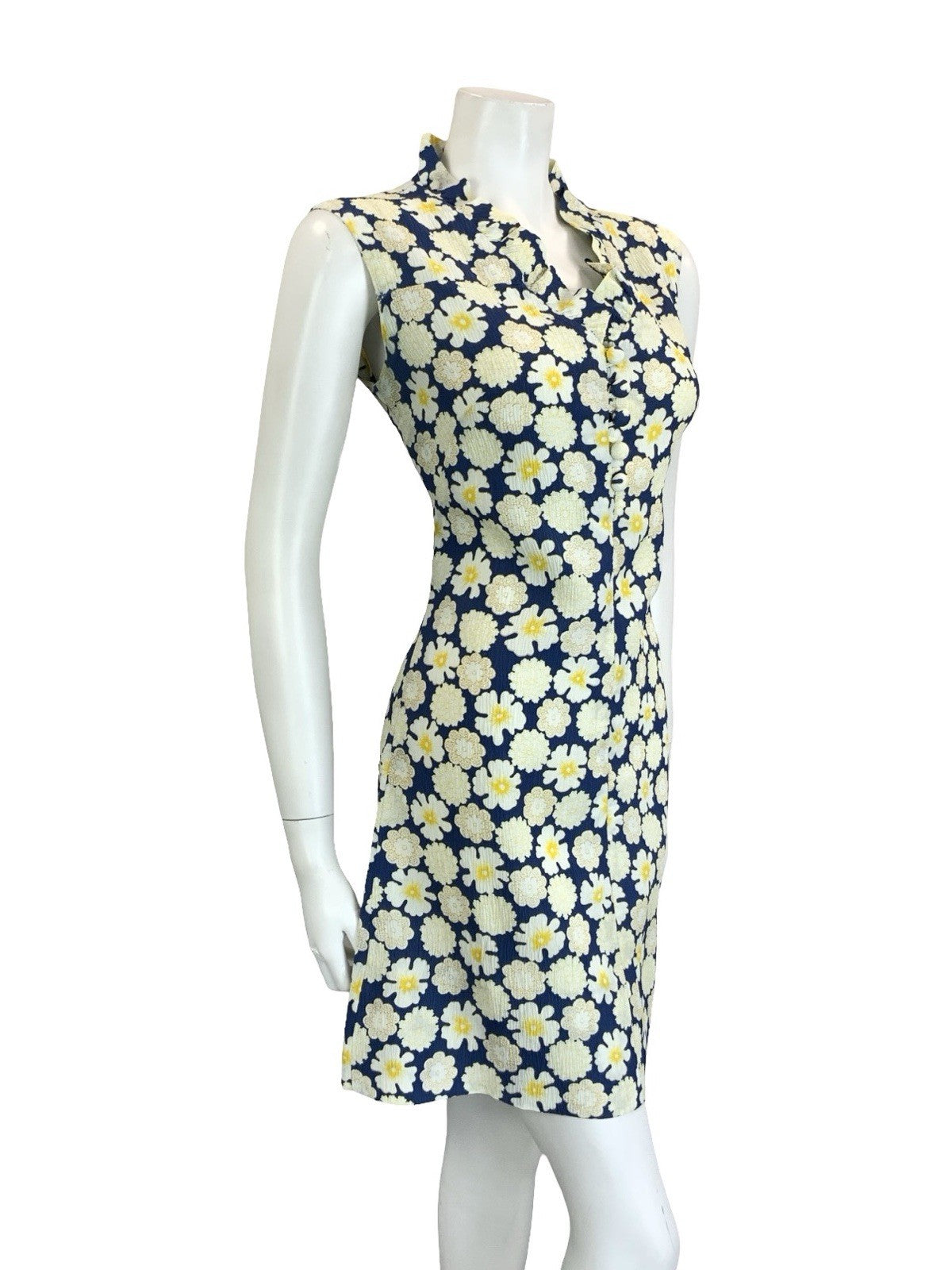 VTG 60S 70S NAVY BLUE WHITE YELLOW RUFFLE V NECK FLORAL MOD SHIFT DRESS 10