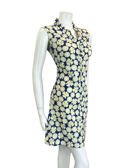 VTG 60S 70S NAVY BLUE WHITE YELLOW RUFFLE V NECK FLORAL MOD SHIFT DRESS 10