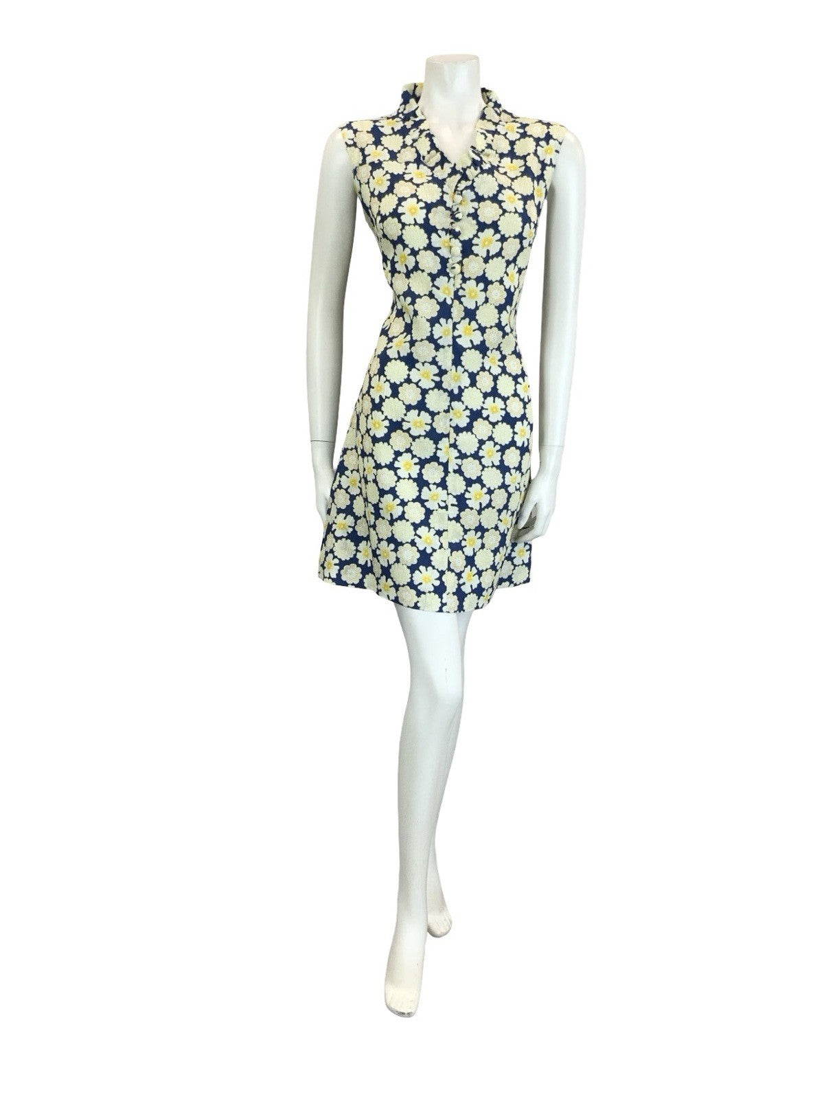 VTG 60S 70S NAVY BLUE WHITE YELLOW RUFFLE V NECK FLORAL MOD SHIFT DRESS 10