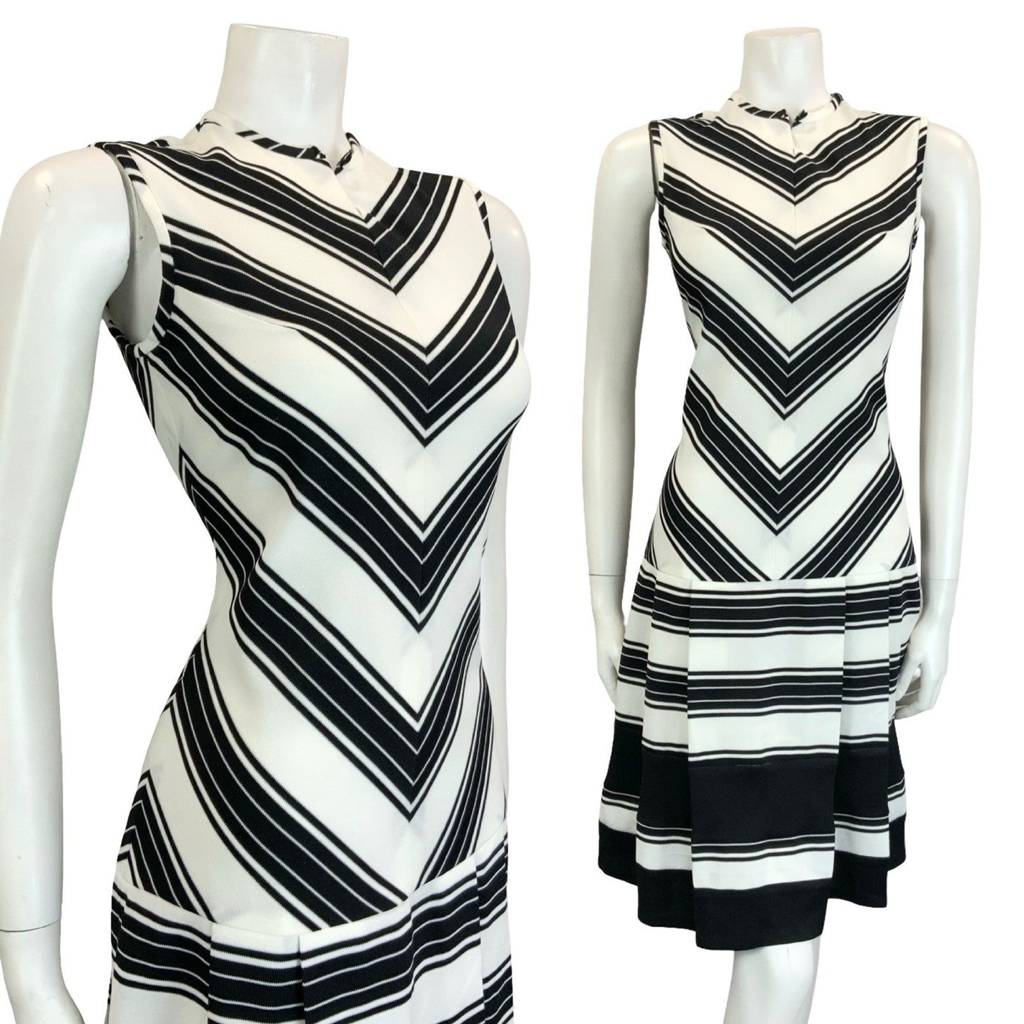 VTG 60S MOD SCOOTER BLACK WHITE STRIPE CHEVRON DROPPED WAIST GEOMETRIC DRESS 8