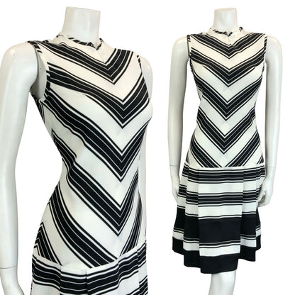 VTG 60S MOD SCOOTER BLACK WHITE STRIPE CHEVRON DROPPED WAIST GEOMETRIC DRESS 8