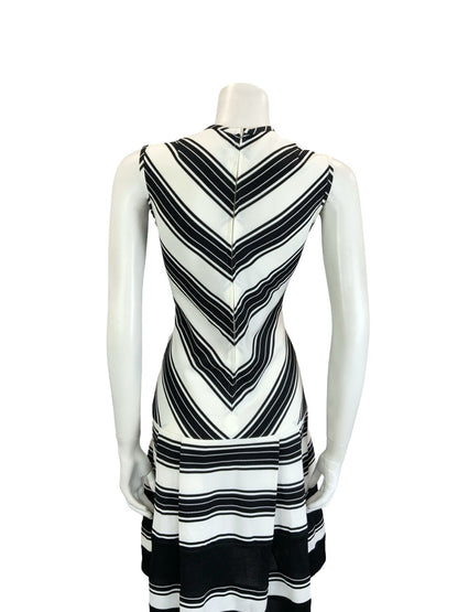 VTG 60S MOD SCOOTER BLACK WHITE STRIPE CHEVRON DROPPED WAIST GEOMETRIC DRESS 8