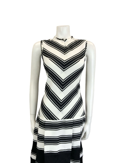 VTG 60S MOD SCOOTER BLACK WHITE STRIPE CHEVRON DROPPED WAIST GEOMETRIC DRESS 8