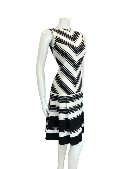 VTG 60S MOD SCOOTER BLACK WHITE STRIPE CHEVRON DROPPED WAIST GEOMETRIC DRESS 8