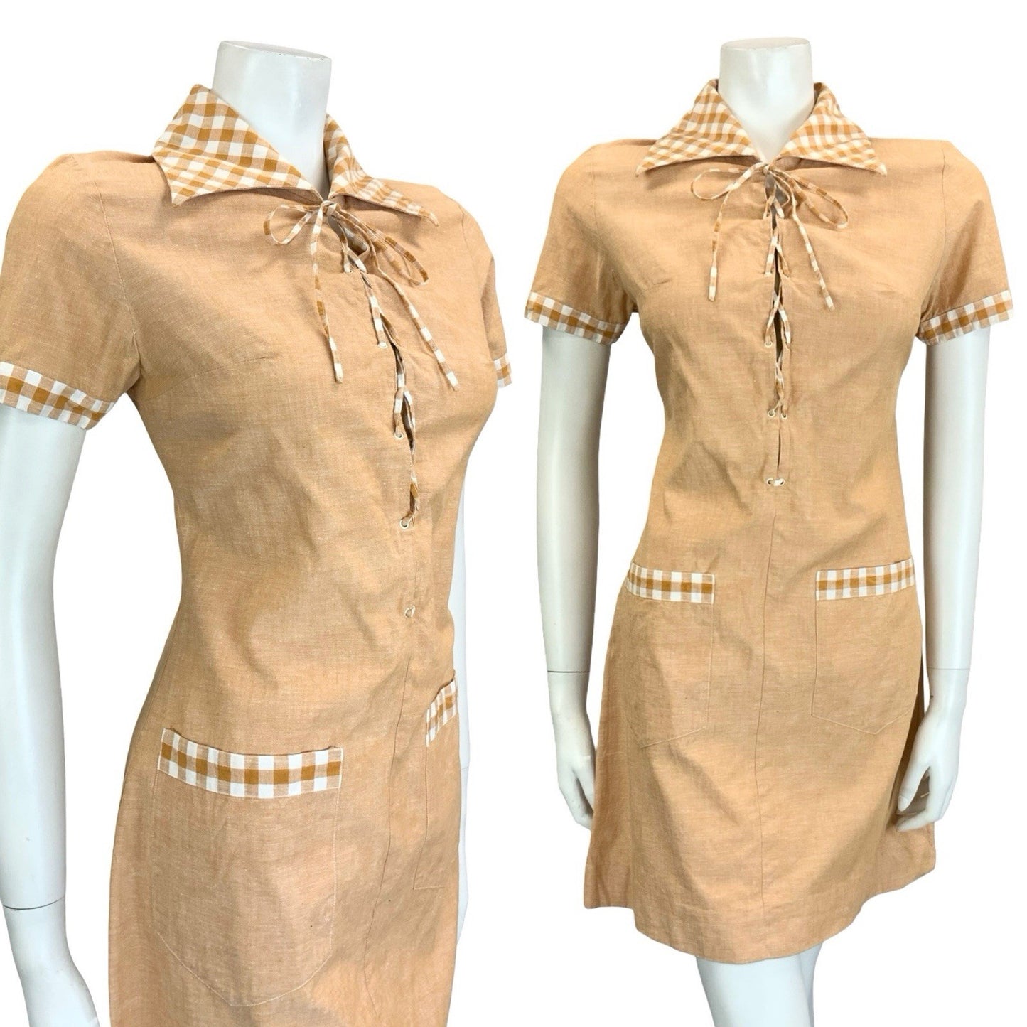 VTG 60S 70S PEACH ORANGE GINGHAM BOHO HIPPY LACE UP DAGGER SHIRT DRESS 10