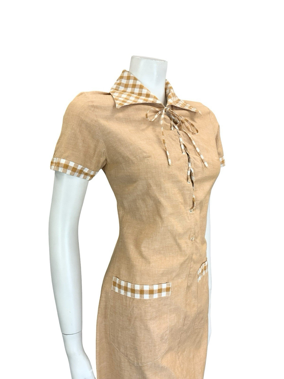 VTG 60S 70S PEACH ORANGE GINGHAM BOHO HIPPY LACE UP DAGGER SHIRT DRESS 10