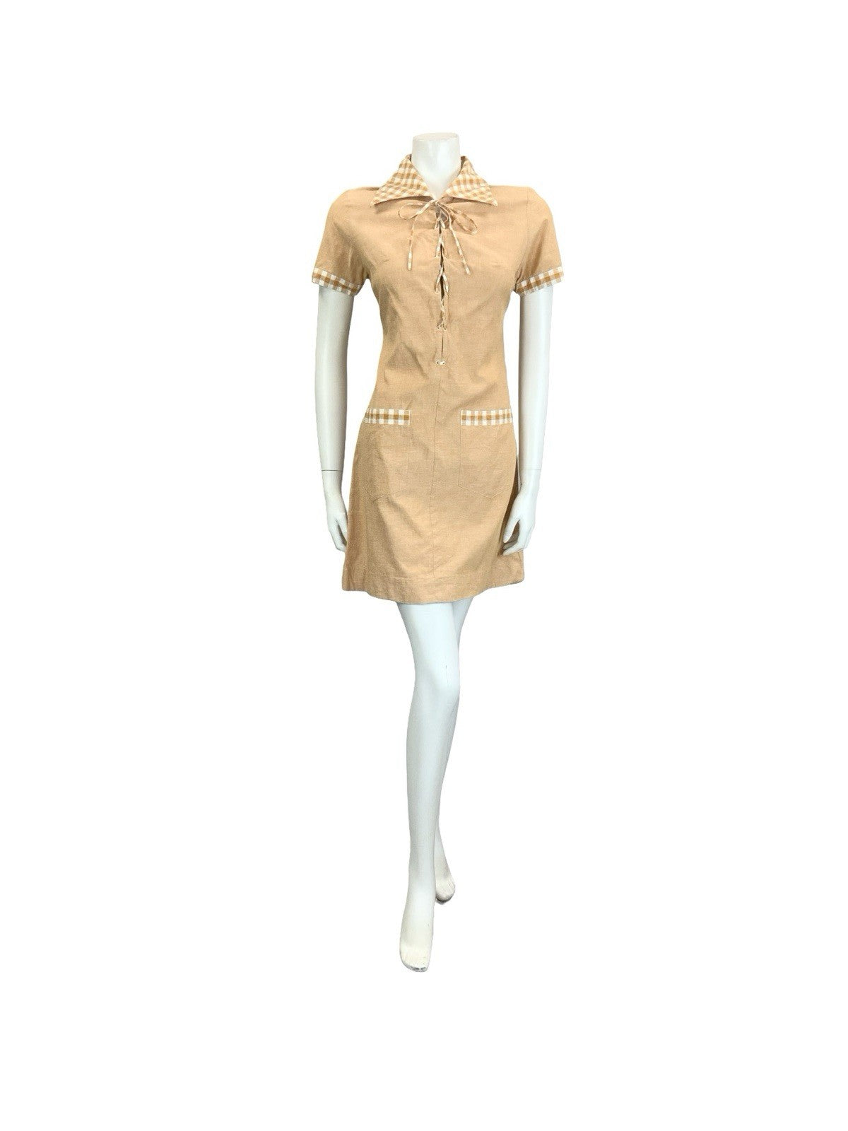 VTG 60S 70S PEACH ORANGE GINGHAM BOHO HIPPY LACE UP DAGGER SHIRT DRESS 10