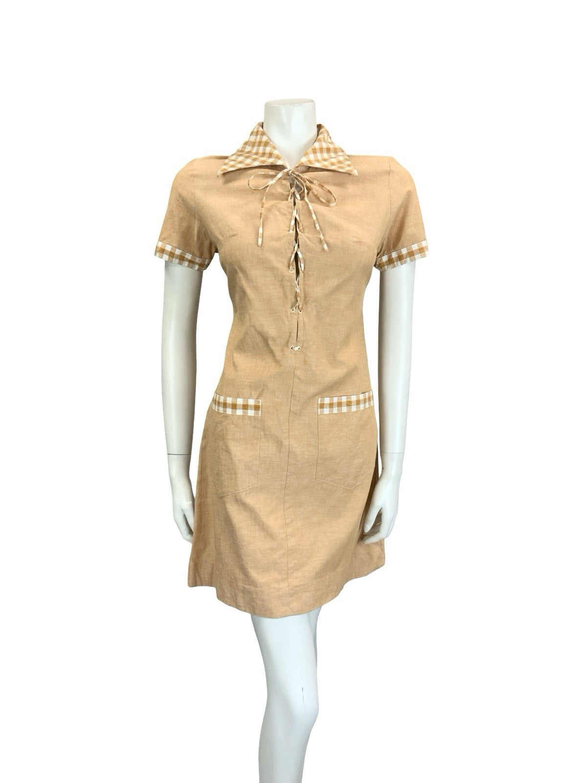 VTG 60S 70S PEACH ORANGE GINGHAM BOHO HIPPY LACE UP DAGGER SHIRT DRESS 10