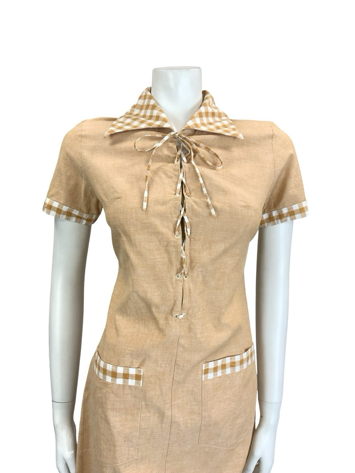 VTG 60S 70S PEACH ORANGE GINGHAM BOHO HIPPY LACE UP DAGGER SHIRT DRESS 10