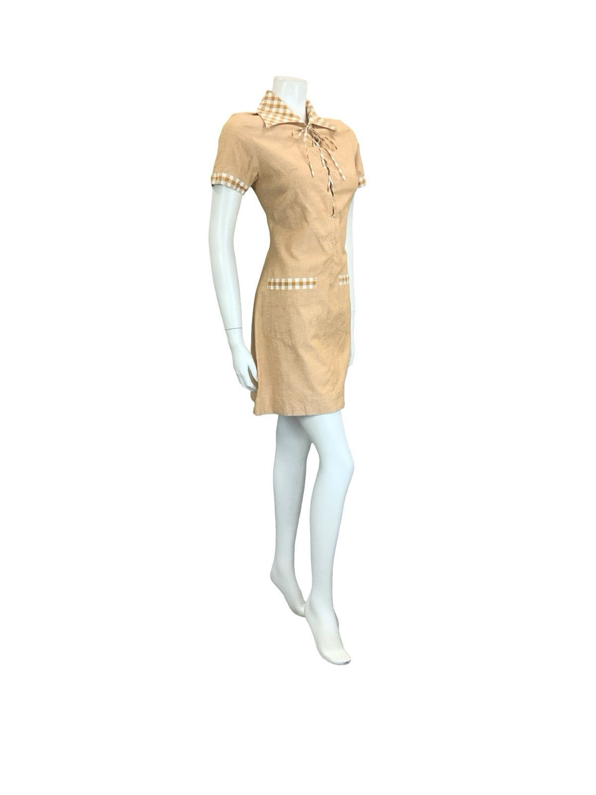 VTG 60S 70S PEACH ORANGE GINGHAM BOHO HIPPY LACE UP DAGGER SHIRT DRESS 10