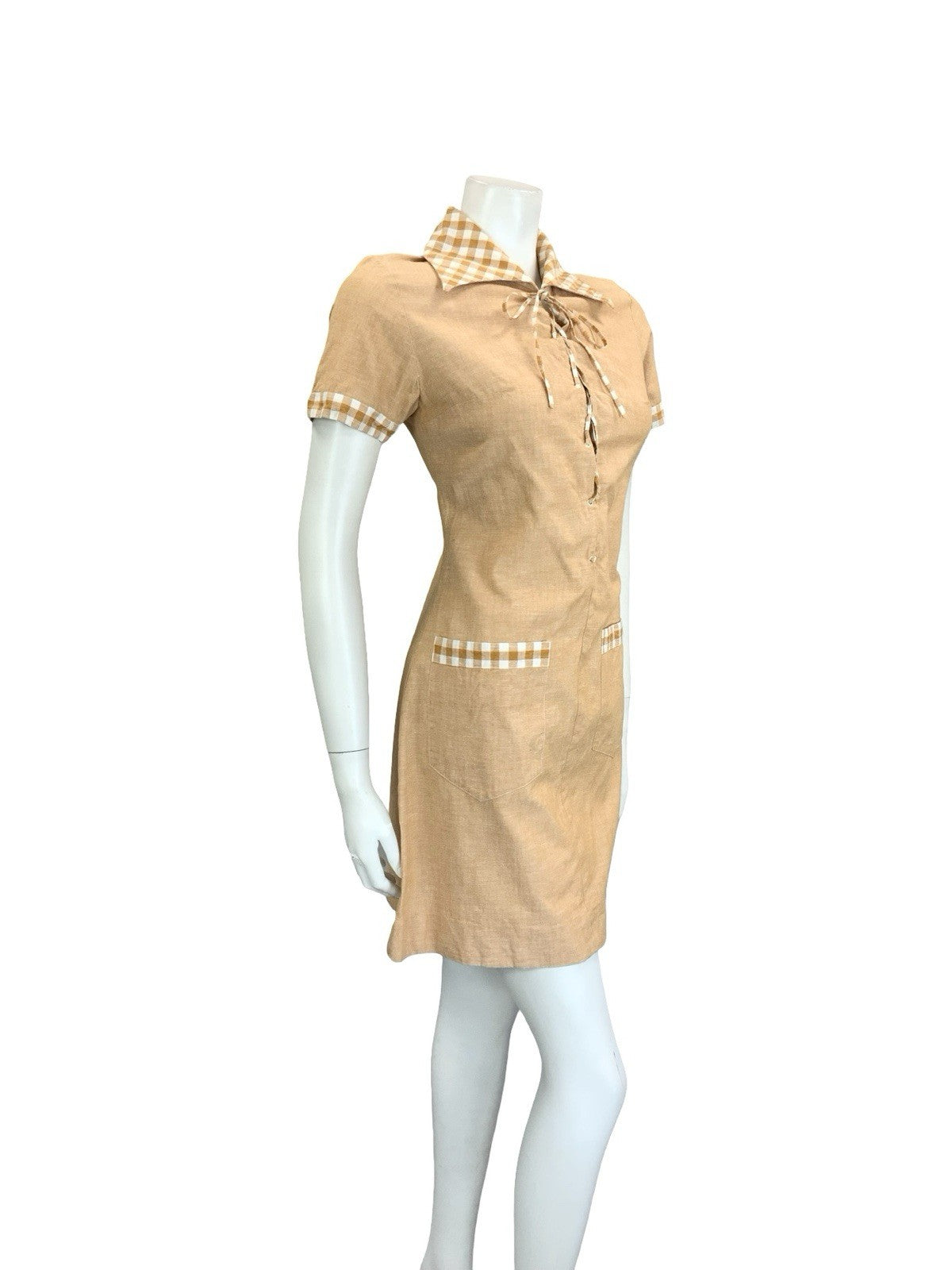 VTG 60S 70S PEACH ORANGE GINGHAM BOHO HIPPY LACE UP DAGGER SHIRT DRESS 10