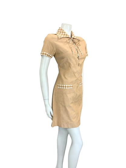VTG 60S 70S PEACH ORANGE GINGHAM BOHO HIPPY LACE UP DAGGER SHIRT DRESS 10