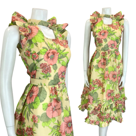VTG 60S 70S CREAM PINK GREEN FLORAL RUFFLE KEYHOLE BELTED A LINE MIDI DRESS 4