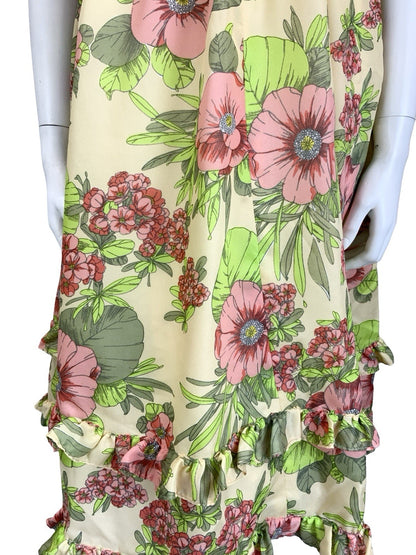 VTG 60S 70S CREAM PINK GREEN FLORAL RUFFLE KEYHOLE BELTED A LINE MIDI DRESS 4
