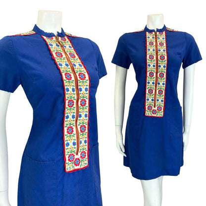 VTG 60S 70S MOD FOLK FLORAL NAVY BLUE WHITE RED ZIP UP O RING MINI DRESS 10