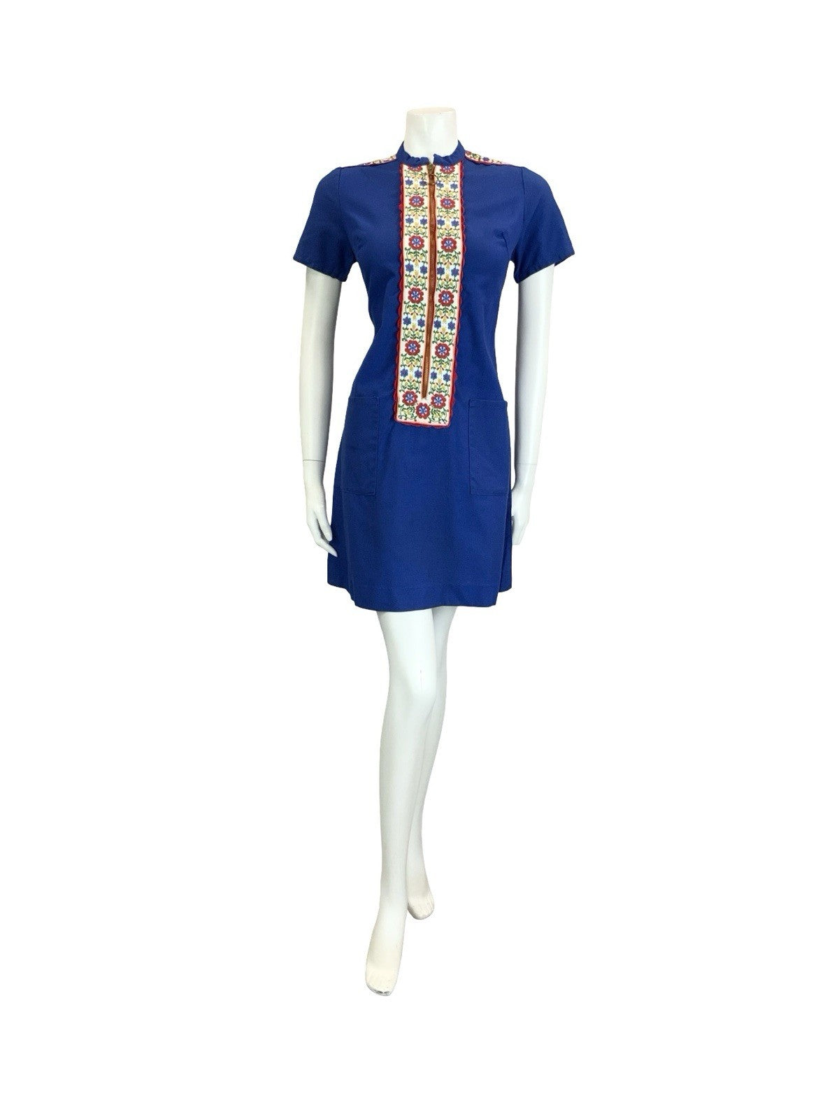 VTG 60S 70S MOD FOLK FLORAL NAVY BLUE WHITE RED ZIP UP O RING MINI DRESS 10