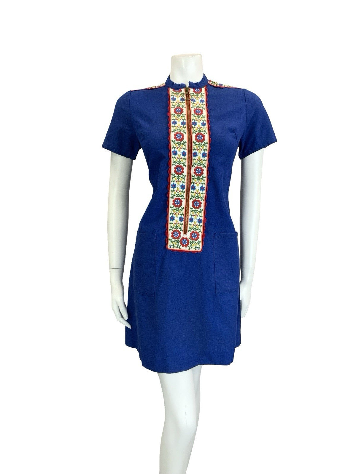 VTG 60S 70S MOD FOLK FLORAL NAVY BLUE WHITE RED ZIP UP O RING MINI DRESS 10