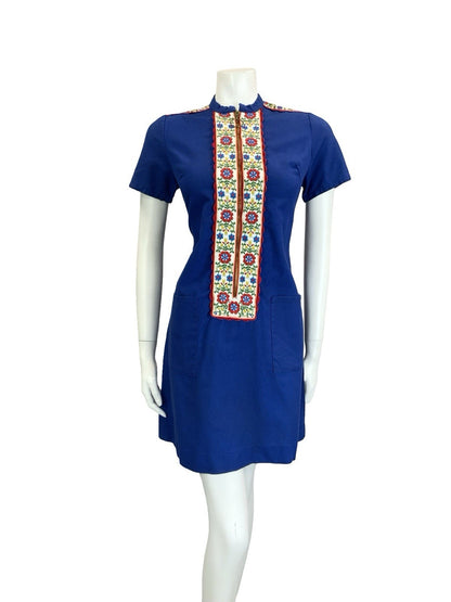 VTG 60S 70S MOD FOLK FLORAL NAVY BLUE WHITE RED ZIP UP O RING MINI DRESS 10