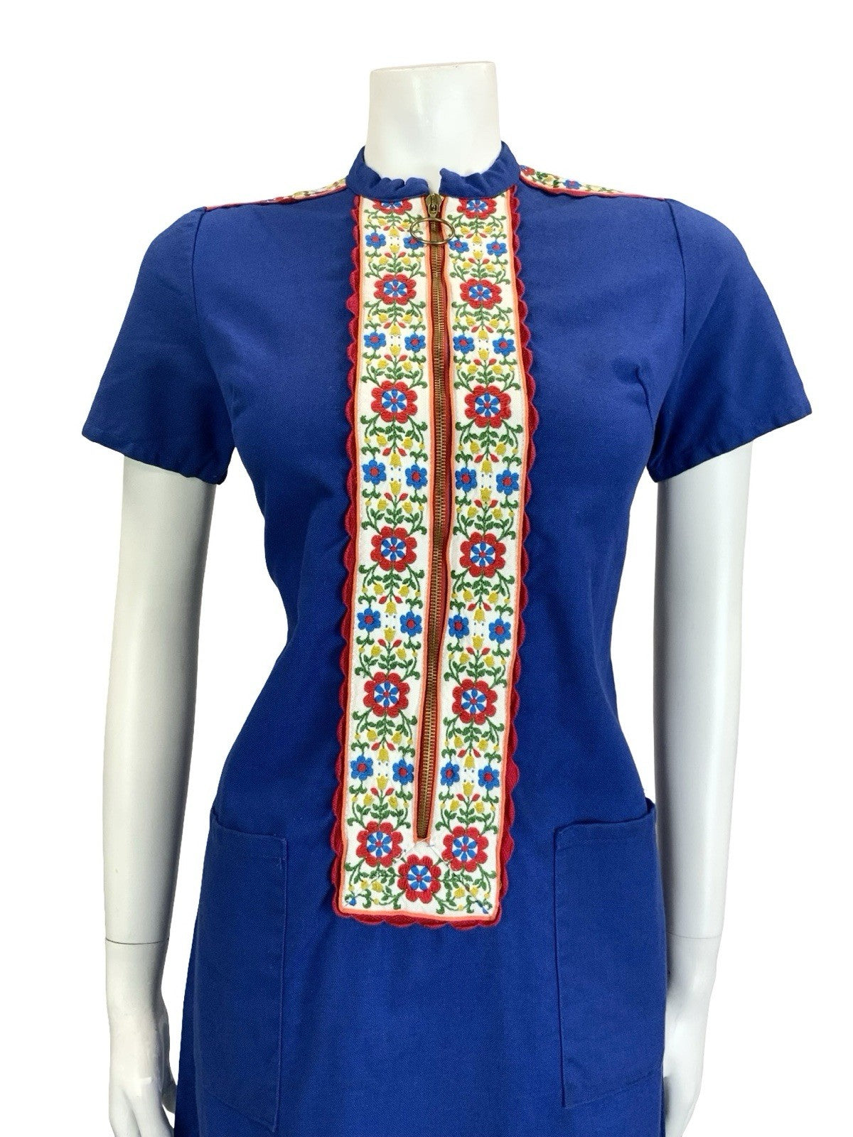 VTG 60S 70S MOD FOLK FLORAL NAVY BLUE WHITE RED ZIP UP O RING MINI DRESS 10