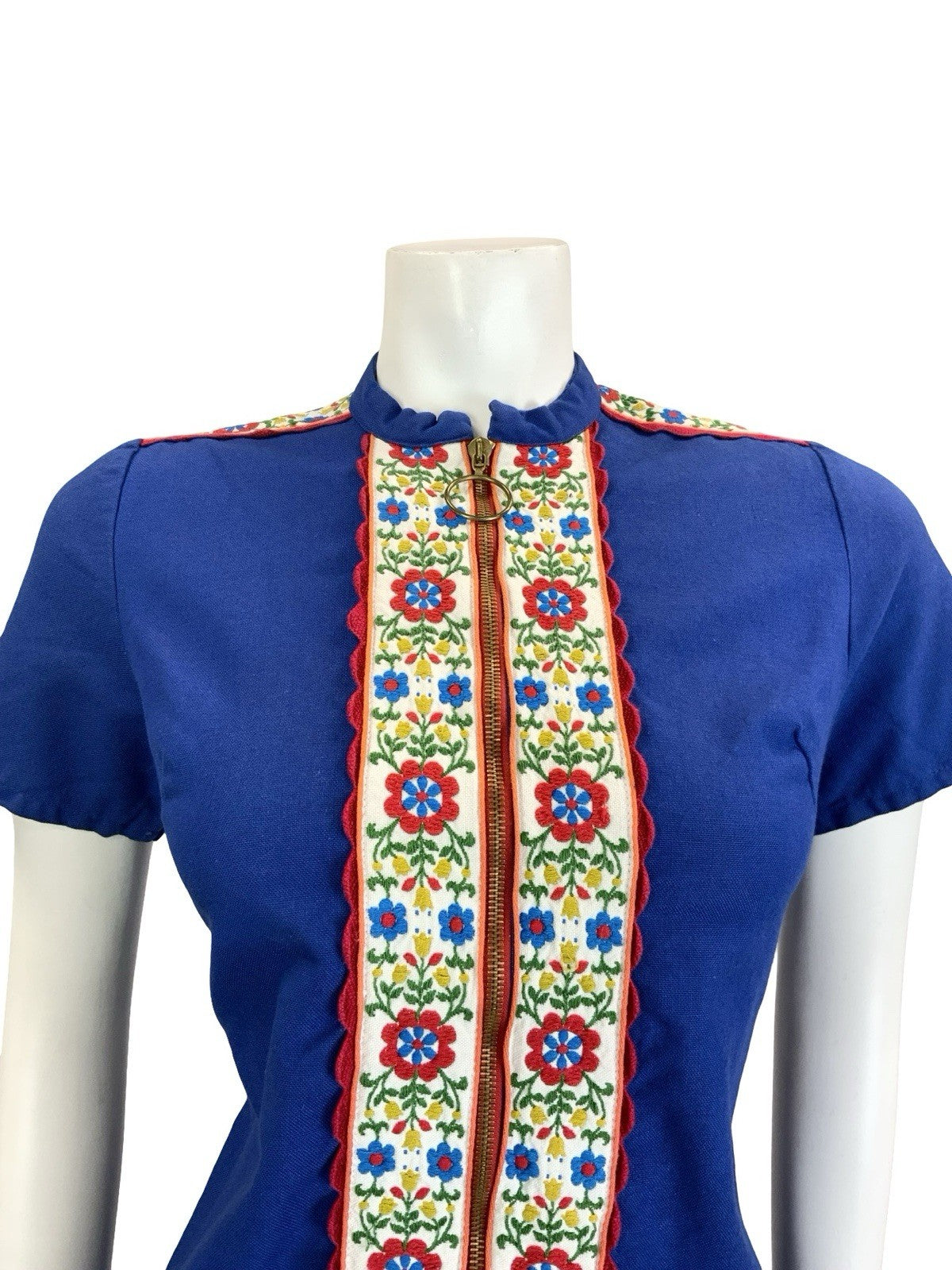 VTG 60S 70S MOD FOLK FLORAL NAVY BLUE WHITE RED ZIP UP O RING MINI DRESS 10