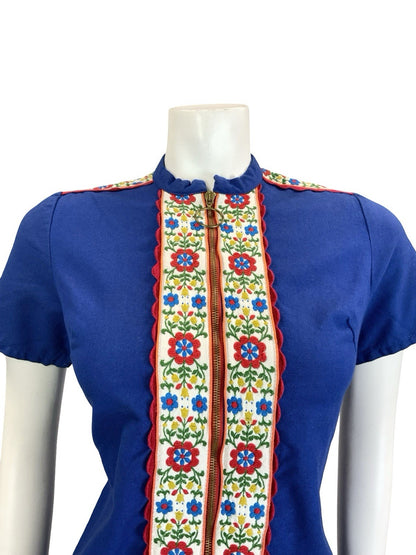 VTG 60S 70S MOD FOLK FLORAL NAVY BLUE WHITE RED ZIP UP O RING MINI DRESS 10