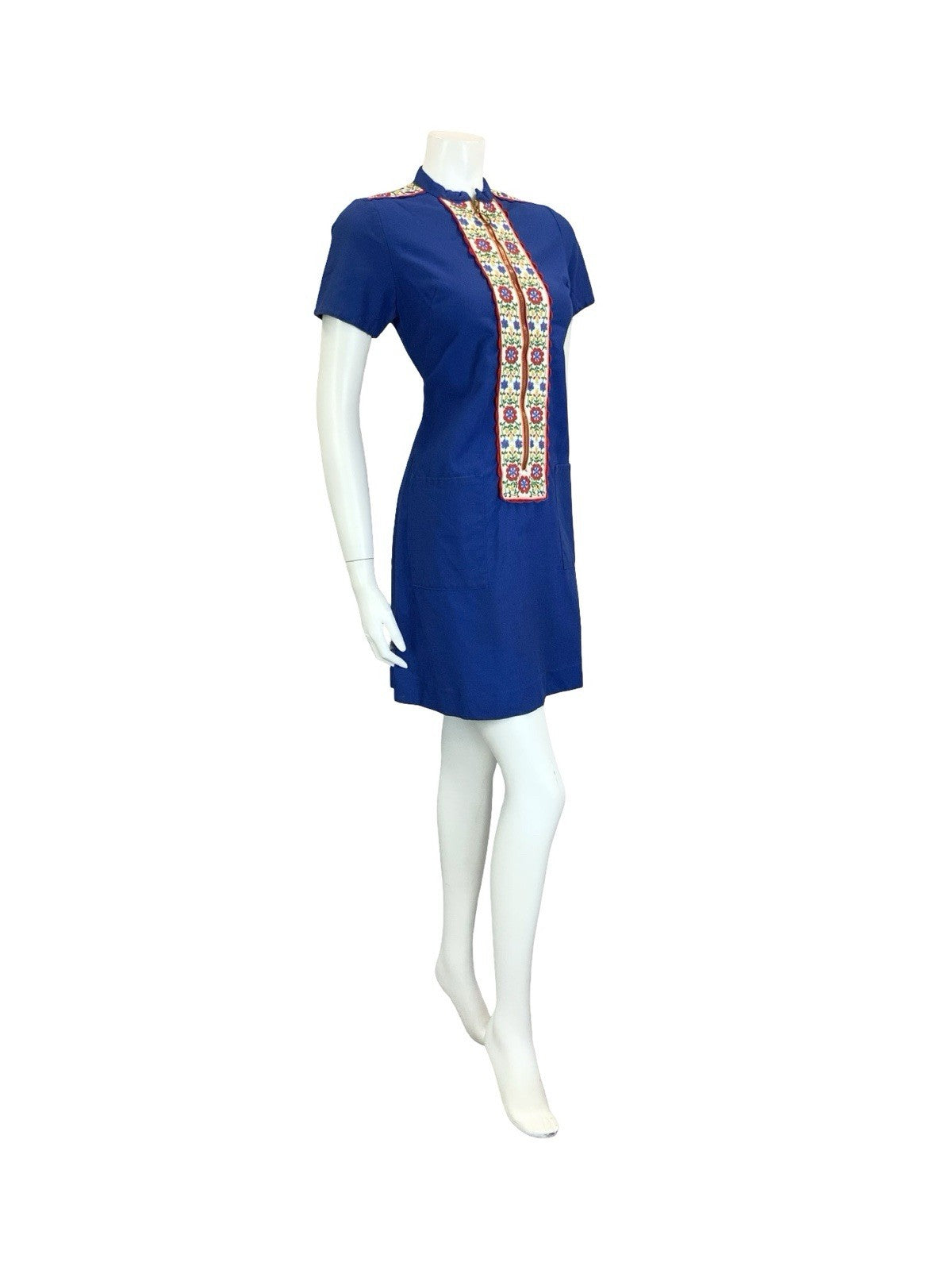 VTG 60S 70S MOD FOLK FLORAL NAVY BLUE WHITE RED ZIP UP O RING MINI DRESS 10
