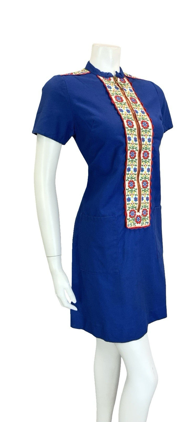 VTG 60S 70S MOD FOLK FLORAL NAVY BLUE WHITE RED ZIP UP O RING MINI DRESS 10