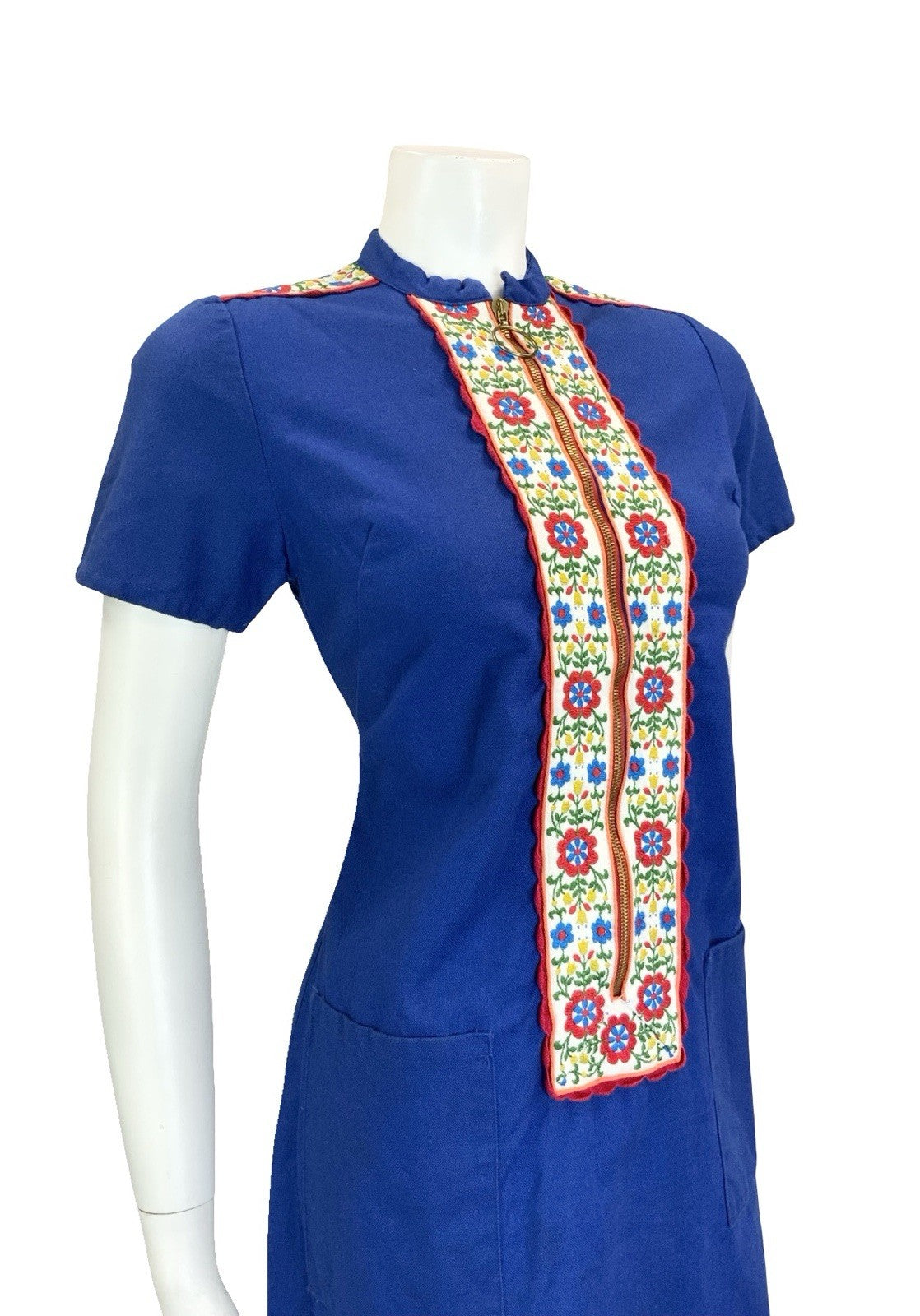 VTG 60S 70S MOD FOLK FLORAL NAVY BLUE WHITE RED ZIP UP O RING MINI DRESS 10