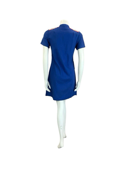 VTG 60S 70S MOD FOLK FLORAL NAVY BLUE WHITE RED ZIP UP O RING MINI DRESS 10