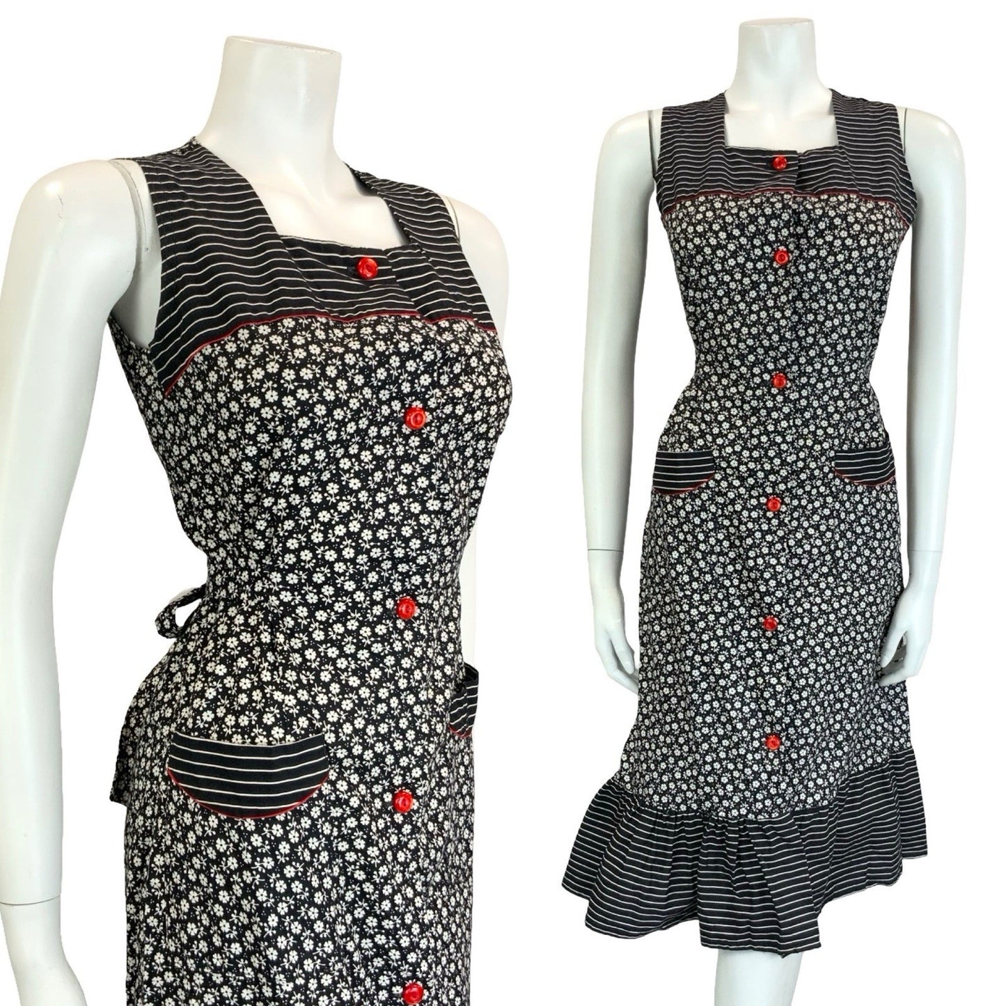 VTG 60S 70S BLACK WHITE RED FLORAL STRIPED COTTAGE TIE WAIST APRON SUN DRESS 10
