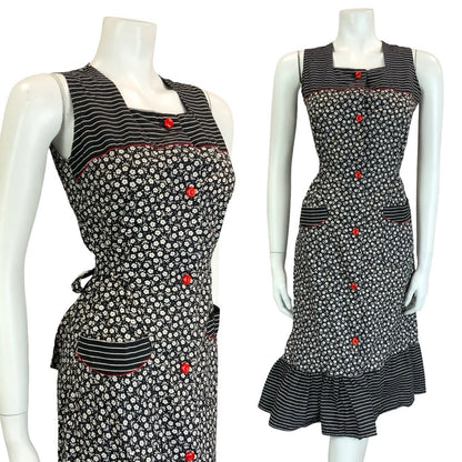 VTG 60S 70S BLACK WHITE RED FLORAL STRIPED COTTAGE TIE WAIST APRON SUN DRESS 10