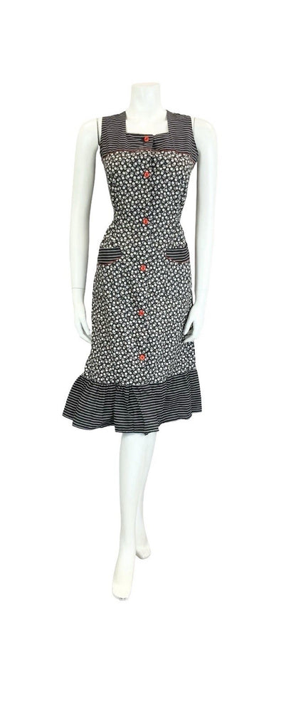 VTG 60S 70S BLACK WHITE RED FLORAL STRIPED COTTAGE TIE WAIST APRON SUN DRESS 10