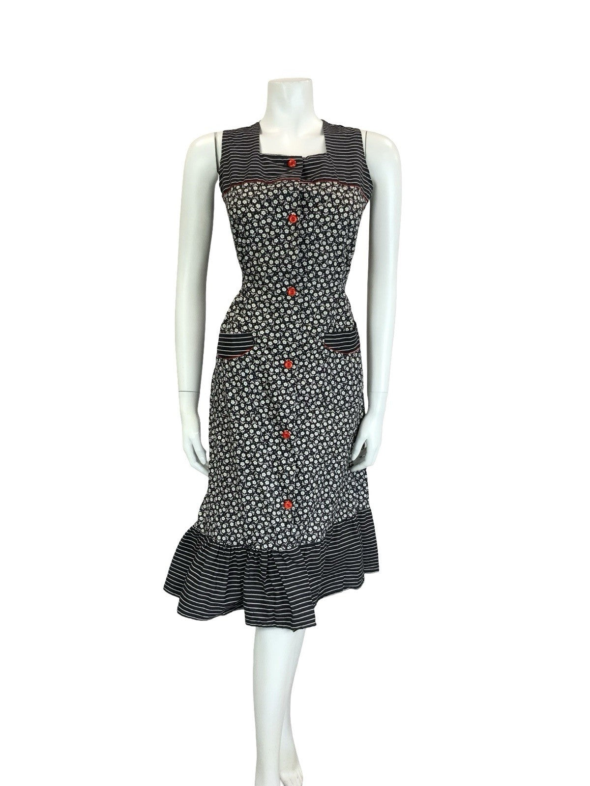 VTG 60S 70S BLACK WHITE RED FLORAL STRIPED COTTAGE TIE WAIST APRON SUN DRESS 10