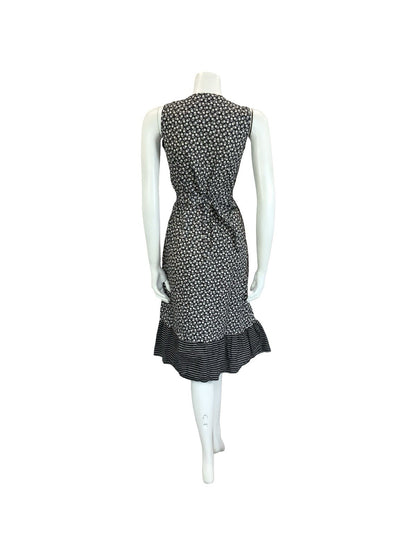 VTG 60S 70S BLACK WHITE RED FLORAL STRIPED COTTAGE TIE WAIST APRON SUN DRESS 10