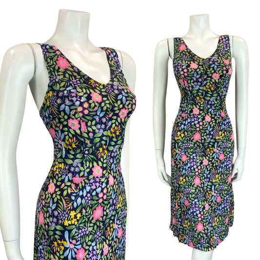 VTG 60S 70S NAVY BLUE PINK GREEN YELLOW PURPLE FLORAL STRAPPY SWEETHEART DRESS 8