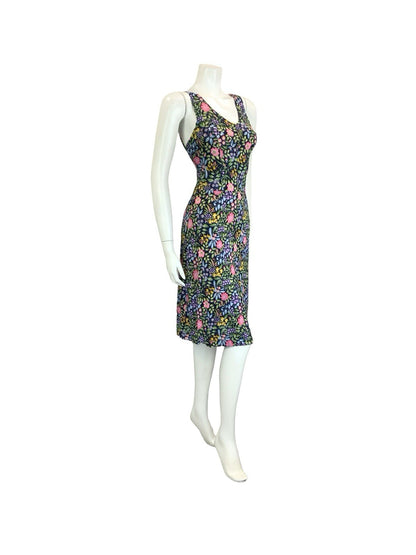 VTG 60S 70S NAVY BLUE PINK GREEN YELLOW PURPLE FLORAL STRAPPY SWEETHEART DRESS 8