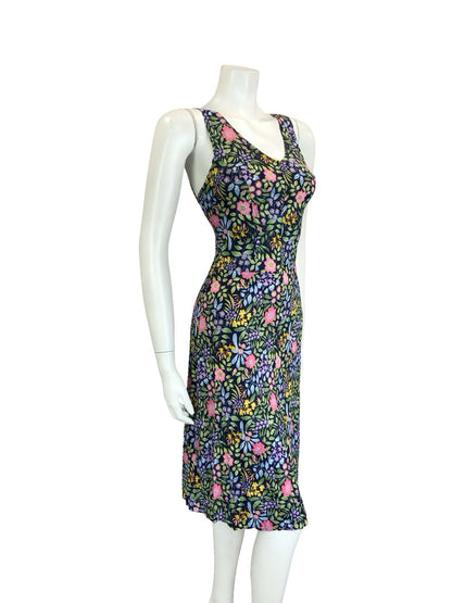 VTG 60S 70S NAVY BLUE PINK GREEN YELLOW PURPLE FLORAL STRAPPY SWEETHEART DRESS 8