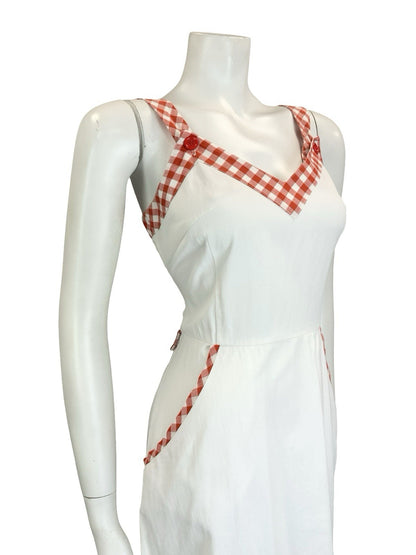 VTG 60S 70S WHITE RED SWEETHEART RUFFLE GINGHAM MIDI SUN DRESS W/ POCKETS 10