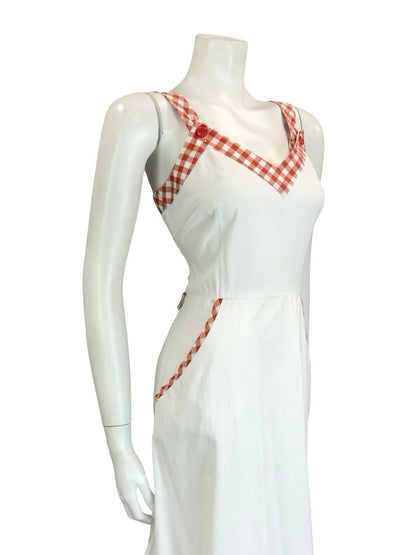 VTG 60S 70S WHITE RED SWEETHEART RUFFLE GINGHAM MIDI SUN DRESS W/ POCKETS 10