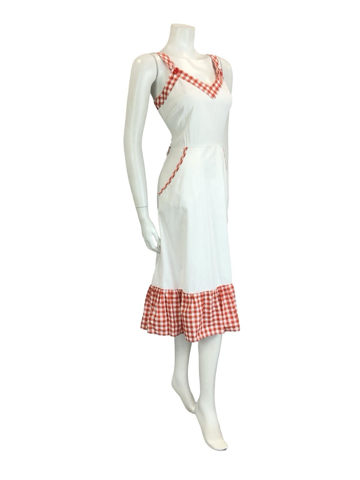 VTG 60S 70S WHITE RED SWEETHEART RUFFLE GINGHAM MIDI SUN DRESS W/ POCKETS 10