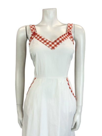 VTG 60S 70S WHITE RED SWEETHEART RUFFLE GINGHAM MIDI SUN DRESS W/ POCKETS 10