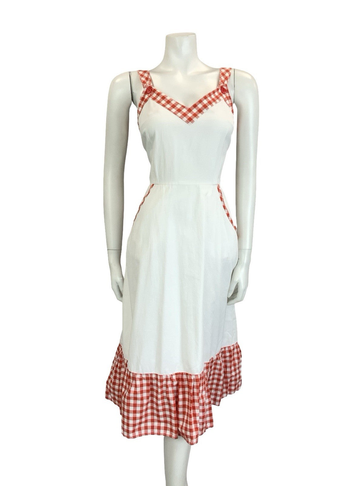VTG 60S 70S WHITE RED SWEETHEART RUFFLE GINGHAM MIDI SUN DRESS W/ POCKETS 10
