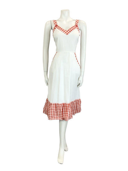 VTG 60S 70S WHITE RED SWEETHEART RUFFLE GINGHAM MIDI SUN DRESS W/ POCKETS 10